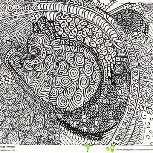 coloring bookpage of a Zentangle , filled with chaotic patterns and shapes that flow together seamlessly. The design should be symmetrical and include both geometric, organic elements and animals. 