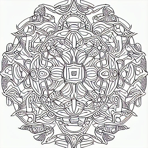 coloring bookpage of chaotic patterns that flow together seamlessly. The design should be symmetrical that includes  natural elements shapes and different types of animals shapes. The lines should be thin and delicate. soothing and meditative effect, high details, Pencil Sketch