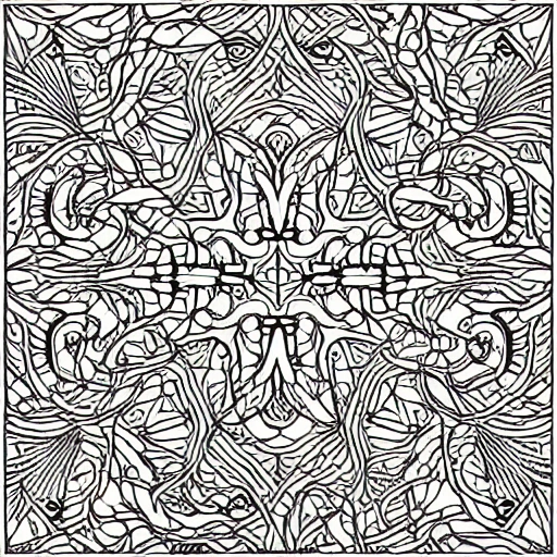 coloring bookpage of chaotic patterns that flow together seamlessly. The design should be symmetrical that includes  natural elements shapes and different types of animals shapes. The lines should be thin and delicate. soothing and meditative effect, high details, Water Color