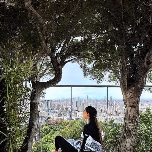 Contempla una fascinante vista de una mujer joven entre un paisaje urbano futurista de alta tecnología, lleno de detalles vibrantes y extremos