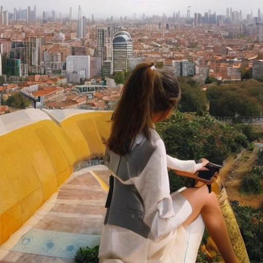 Contempla una fascinante vista de una mujer joven entre un paisaje urbano futurista de alta tecnología, lleno de detalles vibrantes y extremos