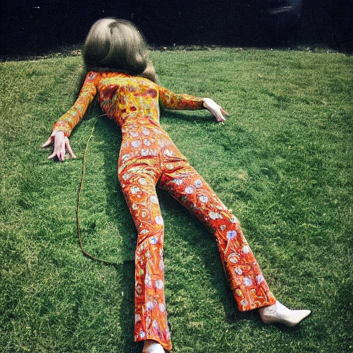 60s psychedelic grass lady levitating in the sky bill graham style
