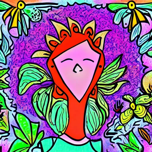 psychedelic cartoon of a woman made of plants Mark Arminski style