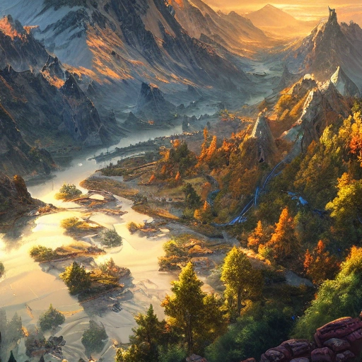 a birds eye view overlooking an ancient fantasy city surrounded by mountains and trees of greens and browns, rivers and lakes by Jordan Grimmer, Asher Brown Durand and Ryan Dening, 8k, artstation, beautiful color pallette