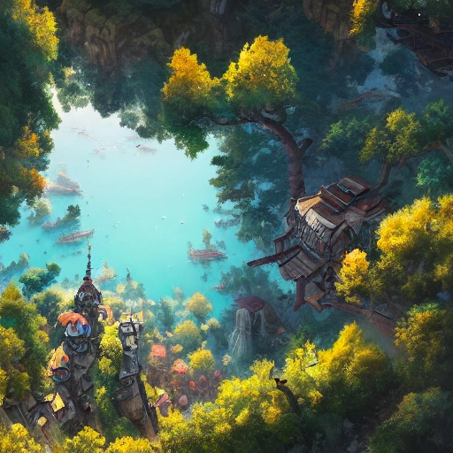 a birds eye view overlooking an ancient fantasy city surrounded by mountains and trees of greens and browns, rivers and lakes by Jordan Grimmer, Asher Brown Durand and Ryan Dening, 8k, artstation, beautiful color pallette, Water Color