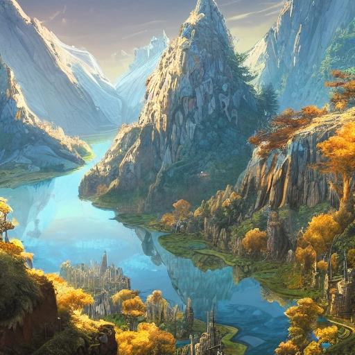 a birds eye view overlooking an ancient fantasy city surrounded by mountains and trees of greens and browns, rivers and lakes by Jordan Grimmer, Asher Brown Durand and Ryan Dening, 8k, artstation, beautiful color pallette, Water Color, Pencil Sketch