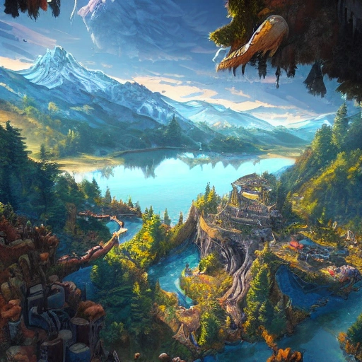 a birds eye view overlooking an ancient fantasy city surrounded by mountains and trees of greens and browns, rivers and lakes by Jordan Grimmer, Asher Brown Durand and Ryan Dening, 8k, artstation, beautiful color pallette, Water Color, Pencil Sketch, Cartoon, Cartoon, Cartoon, Cartoon