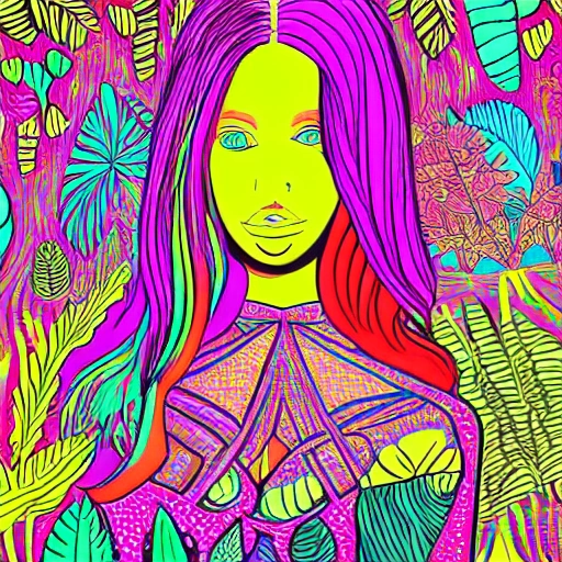 trippy colorful illustration of a lady with body made of plants
