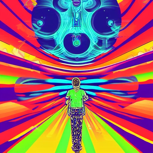 trippy spiritual poster illustration of a person walking 60s style