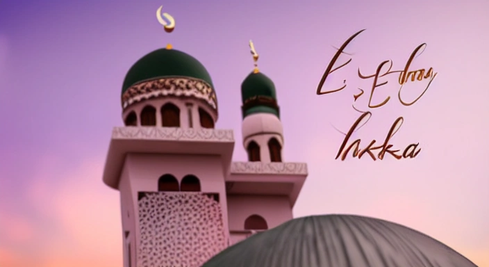 "Eid Mubarak" Typography for Eid wish with mosque, 3D