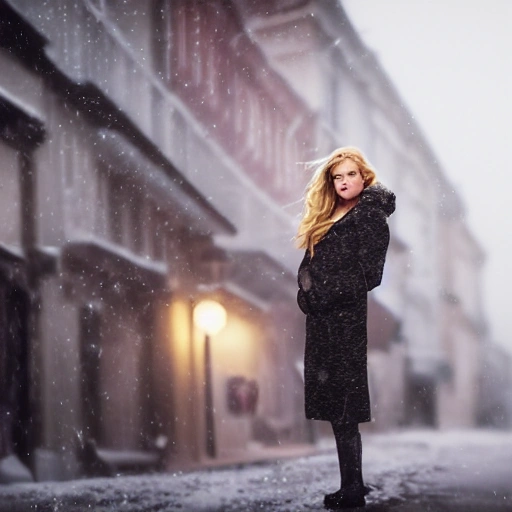 professional portrait photograph of a gorgeous Norwegian girl in winter clothing with long wavy blonde hair, sultry flirty look, (freckles), gorgeous symmetrical face, cute natural makeup, ((standing outside in snowy city street)), stunning modern urban environment, ultra realistic, concept art, elegant, highly detailed, intricate, sharp focus, depth of field, f/1.8, 85mm, medium shot, mid shot, (((professionally color graded))), bright soft diffused light, (volumetric fog), trending on instagram, hdr 4k, 8k, erotic, without clothes, not nude