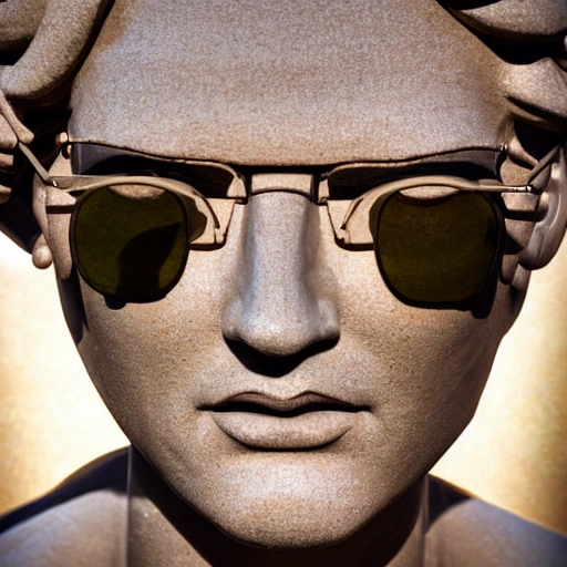 High detail RAW color photo, highly detail, a detailed portrait of the sculpture the David with sunglasses, nymph style, amazing museum, detailed skin, lens flare, shadow, tyndall effect, lens flare, backlighting, bokeh, head only, dark background, contrast neon lights