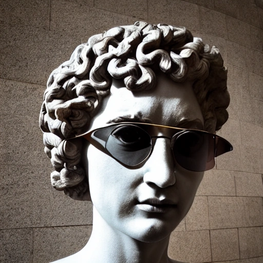 High detail RAW color photo, highly detail, a detailed portrait of the sculpture the David with sunglasses, nymph style, amazing museum, detailed skin, lens flare, shadow, tyndall effect, lens flare, backlighting, bokeh, head only, dark background, contrast neon lights