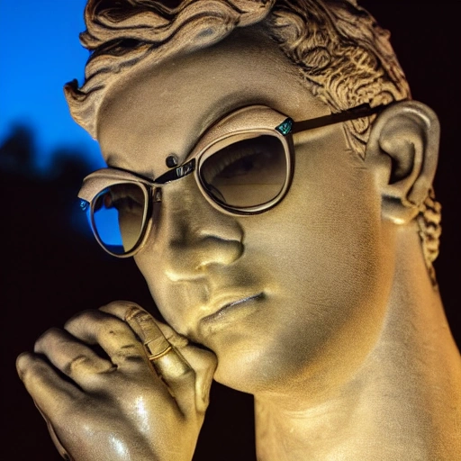 High detail RAW color photo, highly detail, a detailed portrait of the sculpture the David with sunglasses, nymph style, amazing museum, detailed skin, lens flare, shadow, tyndall effect, lens flare, backlighting, bokeh, head only, dark background, a lot of neon lights at night