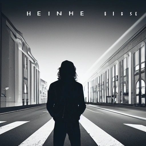 Album cover, retro style, indie, minimalist, High definition, professional lights, boy in the middle of the street in front of a building, black jacket, from behind, long hair, at night, 3d rendering