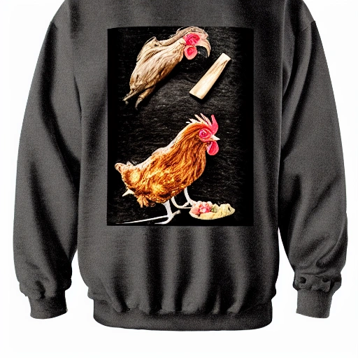 https://i.pinimg.com/564x/98/30/de/9830de82cacc1833943dbaed2975993b.jpg, dark version, chicken in sweatshirt --ar 2:3 --stylize 25 --chaos 10 --q 2