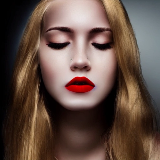 girl, closed eyes,red lips, realistic, blonde, long hair