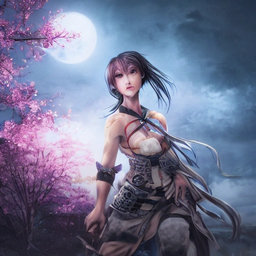 best quality, masterpiece,highly detailed,semi-realistic,1girl,upper body,raiden shogun,(ulzzang-6500-v1.1:0.5),large breasts,perfect face,glowing eyes,long hair,purple hair,hair ornament,lightning in sky,night sky,ancient building in background,depth of field,looking at viewer,