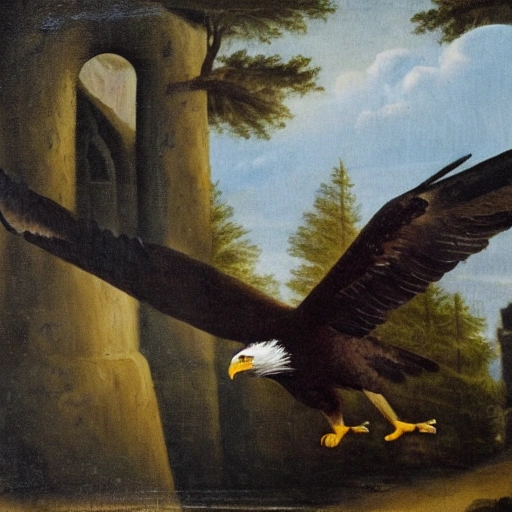 an eagle flying over a medieval castle in the middle of a forest in the moonlight , Oil Painting