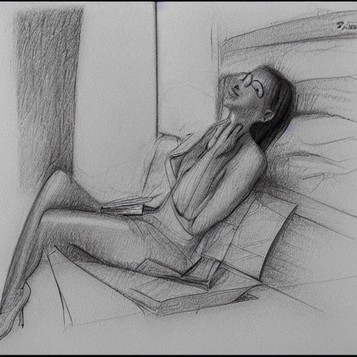 , 3D mujer en ropa interior, leyendo un libro en su cama
, Pencil Sketch