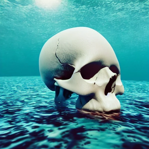 realistic skull underwater in other planet