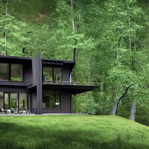 a beautiful modern and very contemporary house made of dark wood, in the middle of a swedish green forest, with a waterfall and a river close by. Photographic style. High details. very realistic. 8k, full details. --ar 16:9 --uplight --s 750 --v 5