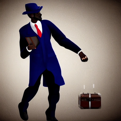 a man, black features, in a blue suit, wearing a black cap, with a suitcase in his left hand, holding a bible in his right hand, in a position of thanksgiving to God, details on his face, details on his clothes, super realistic.