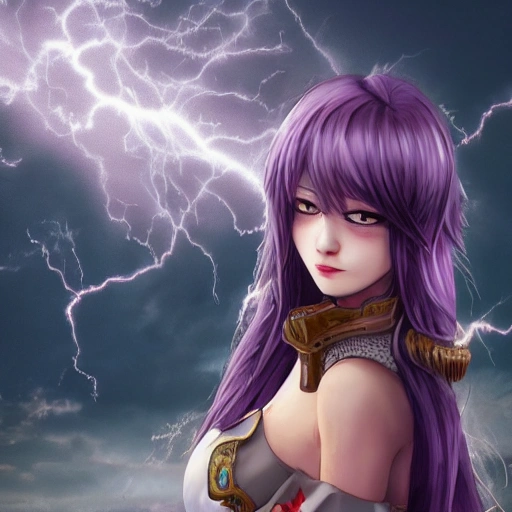 best quality, masterpiece,highly detailed,semi-realistic,1girl,upper body,raiden shogun,(ulzzang-6500-v1.1:0.5),large breasts,perfect face,glowing eyes,long hair,purple hair,hair ornament,lightning in sky,night sky,ancient building in background,depth of field,looking at viewer,