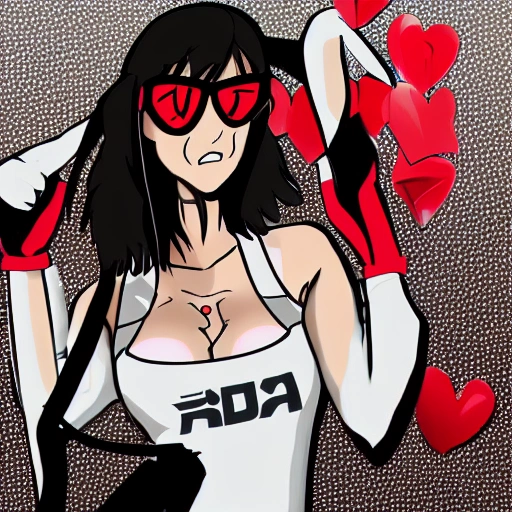 High quality, Masterpiece, A digital art of a Female woman, with glasses curly brown hair, glossy lips, secretary look, black suit, red tie, White dog ears, sharp eyeliner, https://www.twitch.tv/thedarkraimola, leashed in love with a Female muscle girl streamer with White headphones, Brown colour hair, abs, full body, brand Fila t-shirt Beelce1, Anime Digital art HD perfect quality.