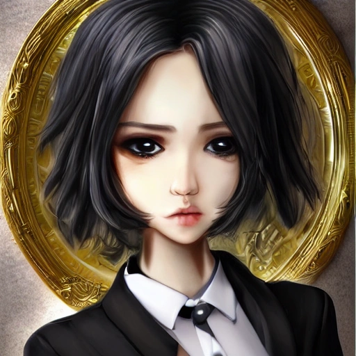 best quality, masterpiece,highly detailed,semi-realistic,1girl,upper body, (ulzzang-6500-v1.1:0.5), with glasses curly brown hair, glossy lips, secretary look, black suit, red tie, White dog ears, sharp eyeliner, https://www.twitch.tv/thedarkraimola, leashed, 
Digital art HD perfect quality.