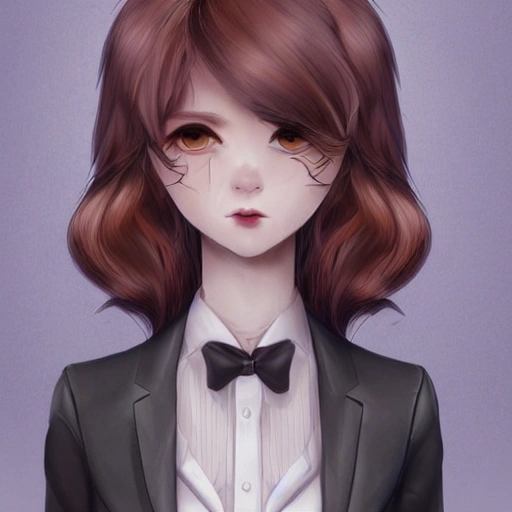 best quality, masterpiece,highly detailed,semi-realistic,1girl,upper body, (ulzzang-6500-v1.1:0.5), with glasses curly brown hair, glossy lips, secretary look, black suit, red tie, White dog ears, sharp eyeliner, https://www.twitch.tv/thedarkraimola, leashed, 
Digital art HD perfect quality.