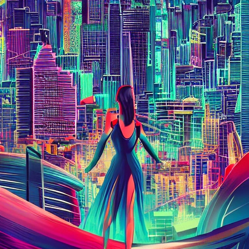 Behold a mesmerizing sight of a young woman amongst a high-tech futuristic cityscape, bursting with vibrant and extreme details." --ar 9:16 