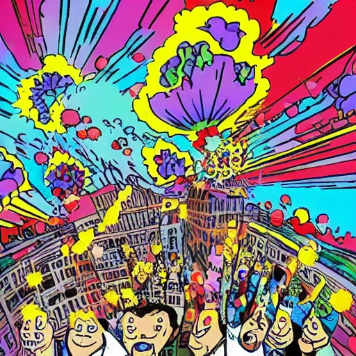 The surprise, the explosion, the atmosphere, everyone celebrating, Trippy, Cartoon, Trippy