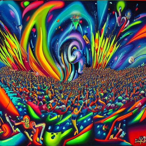 The surprise, the explosion, the atmosphere, everyone celebrating, Trippy, Cartoon, Trippy, Oil Painting