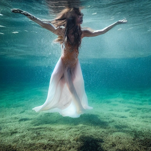 High detail RAW color photo professional, highly detail face: 1.4, a detailed portrait of a woman floating underwater wearing long flowing dress, nymph style, amazing underwater, detailed skin, wet clothes, wet hair, see-through clothes, lens flare, shade, tindal effect, lens flare, backlighting, bokeh