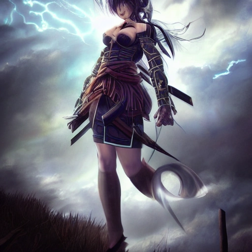 best quality, masterpiece,highly detailed,semi-realistic,1girl,upper body,raiden shogun,(ulzzang-6500-v1.1:0.5),large breasts,perfect face,glowing eyes,long hair,purple hair,hair ornament,lightning in sky,night sky,ancient building in background,depth of field,looking at viewer,