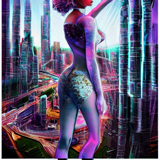 Behold a mesmerizing sight of a young woman amongst a high-tech futuristic cityscape, bursting with vibrant and extreme details." --ar 9:16 