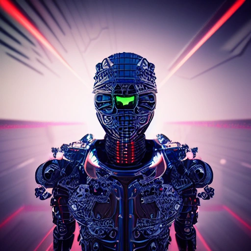 Stunning 3D render of a cyborg Ninja with glowing eyes, close-up, intricate details, set against a skyline at night, blue neon effect, futuristic, sharp focus, cinematic, high contrast, rim light, celestial atmosphere, fiery effect, vivid --ar 16:9 --q . 5 --stylize 250