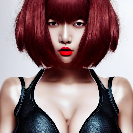 (1girl), (full body), (futuristic sci-fi bodysuit), (big naked boobs), Beautiful Korean woman, kpop idol, (Cute Loose Bob hairstyle), symmetrical eyes, realistic, sharp focus, HD, highly detailed, intricate, photography, hyperrealism, hyperrealistic, film, studio portrait, detail, dramatic lighting, (red lips), (toned stomach)