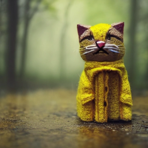 tiny cute (happy1. 4) cat in a (yellow raincoat1. 3) in the woods, rain, a character portrait, Tilt-shift, bokeh, Cartoon