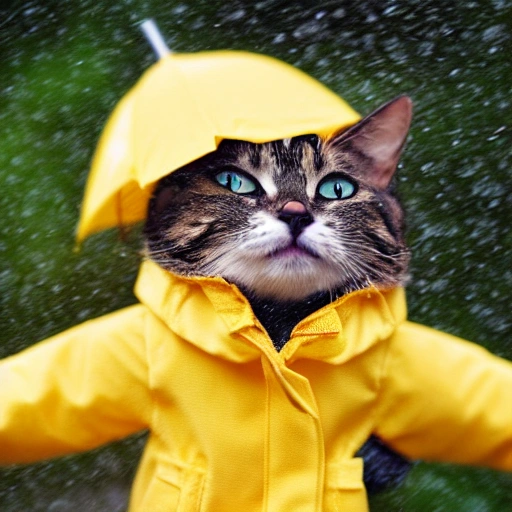 tiny cute (happy1. 4) cat in a (yellow raincoat1. 3) in the woods, rain, a character portrait, Tilt-shift, bokeh, Cartoon, Trippy