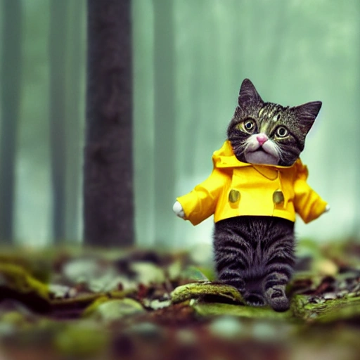 tiny cute (happy1. 4) cat in a (yellow raincoat1. 3) in the woods, rain, a character portrait, Tilt-shift, bokeh, Cartoon, Trippy