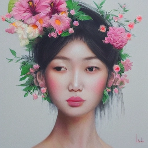 an asian woman with flowers in her hair, a photorealistic painting by Lü Ji, trending on cg society, aestheticism, made of flowers, feminine, white background, Oil Painting