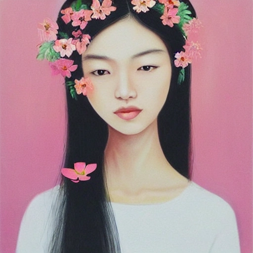 an asian woman with flowers in her hair, a photorealistic painting by Lü Ji, trending on cg society, aestheticism, made of flowers, feminine, white background, Oil Painting