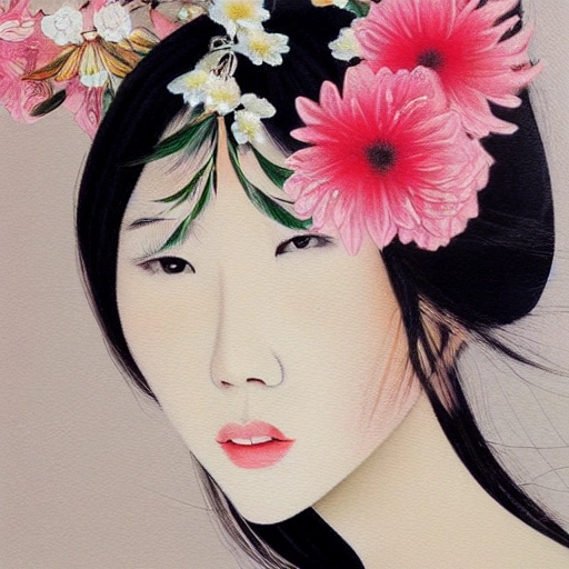 an asian woman with flowers in her hair, a photorealistic painting by Lü Ji, trending on cg society, aestheticism, made of flowers, feminine, white background