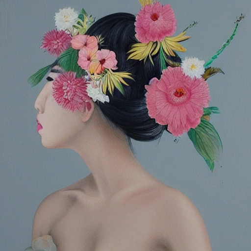 an asian woman with flowers in her hair, a photorealistic painting by Lü Ji, trending on cg society, aestheticism, made of flowers, feminine, white background