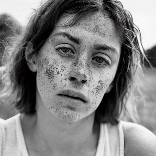 detailed and realistic portrait of a woman with a few freckles, round eyes and short messy hair shot outside, wearing a white t shirt, staring at camera, chapped lips, soft natural lighting, portrait photography, magical photography, dramatic lighting, photo realism, ultra-detailed, intimate portrait composition, Leica 50mm, f1. 4
