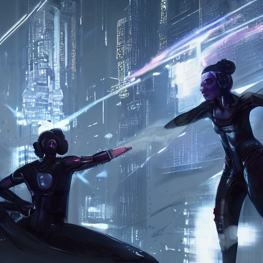 Two androids girls fighting each other, futuristic city, sf, fantasy, sharp focus, emitting diodes, smoke, artillery, sparks, racks, system, sharp focus, racks, system unit, motherboard, by pascal blanche rutkowski repin artstation hyperrealism painting concept art of detailed character design matte painting, 4 k resolution blade runner