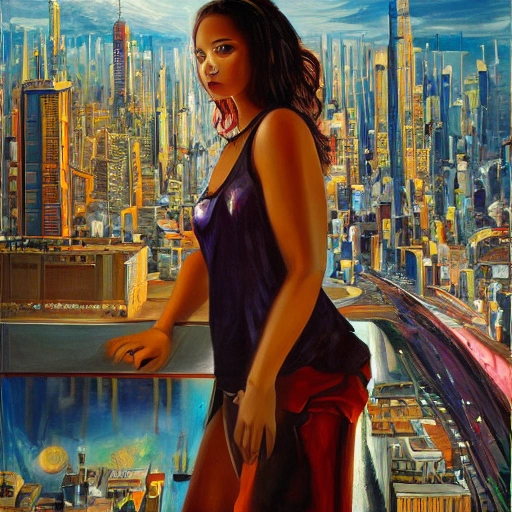 , Oil Painting
Behold a mesmerizing sight of a young woman amongst a high-tech futuristic cityscape, bursting with vibrant and extreme details." --ar 9:16