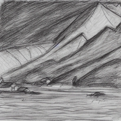 Mountain,river,houses,trees, people , Pencil Sketch